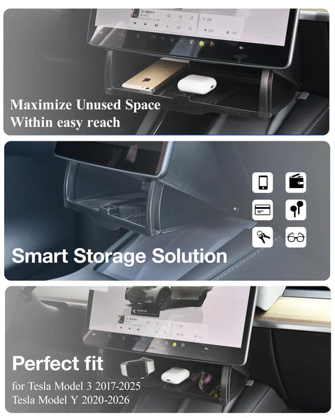Tesla Hidden Under Screen Storage Box With One Tap Open And Smooth Damping Slides in Model Y/3 cockpit, organizes small items.