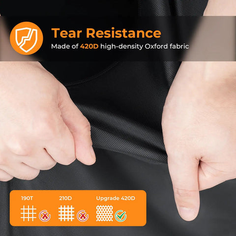 Close-up of hands showing tear resistance of 420D Oxford fabric used in Extra Large Weatherproof Outdoor Dining Set Cover With Vents.