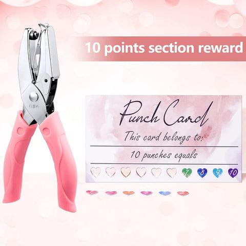 Top Shelf Blank Reward Cards With Zero Hassle Metal Heart Puncher With 100 Pack Hella Thick Coated Cardstock For DIY Crafting Small Biz Loyalty Rewards And Gift Tag Creations with pink punch tool and punch card.