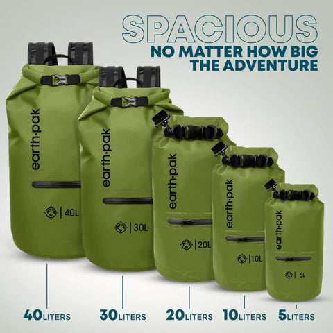 Waterproof Dry Bag 20L With Front Zip Pocket And Phone Case Heavy Duty 500D PVC in green, displayed with various sizes