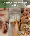 Fresh Mama Game Changer Colostrum Collector Set BPA Free Silicone Collection Cups shown collecting milk and feeding baby.
