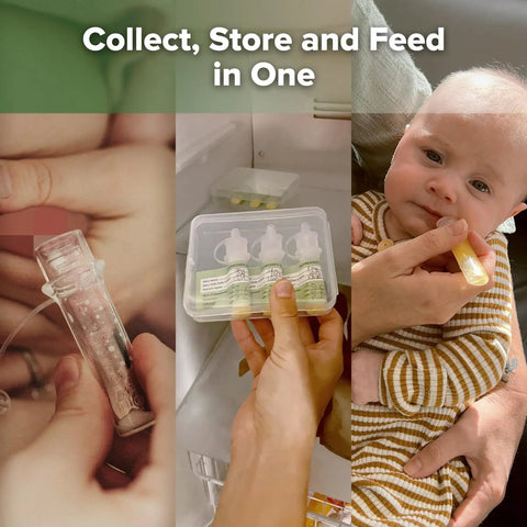 Fresh Mama Game Changer Colostrum Collector Set BPA Free Silicone Collection Cups shown collecting milk and feeding baby.
