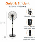16 Inch Pedestal Fan With Remote For Bedroom Living Room And Office Adjustable Height Dual Layered Blades 3 Speeds Timer