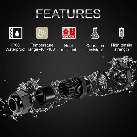 Exploded view of PG21 Cable Glands 20 Pack Waterproof Adjustable Range 12.5 To 18mm with gaskets and nylon joints highlighting features.