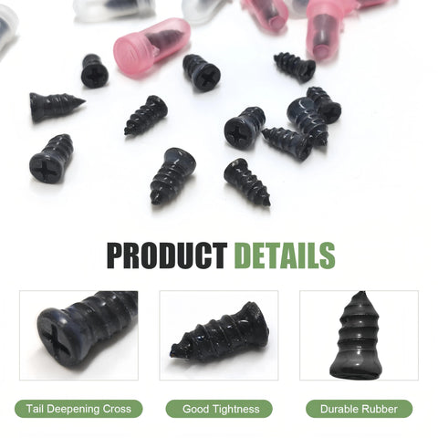 Close-up of 60 Piece Tire Repair Kit With Self Service Plugs For Cars Motorcycles Trucks And Tractors, showing various rubber plugs