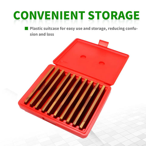 Open red case displaying Ten Pairs Precision Parallel Thin Steel Set One Eighth Inch By Six Inch with 0.0002 Inch Accuracy Hardened Alloy Steel Pro Grade Easy Storage Case For Portable Use Great For Machinists And DIY Hobby Pros.