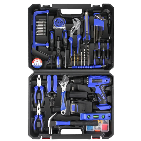 21V Cordless Drill Kit With 350 In Lb Torque, Variable Speed 0-1350 RPM, 10mm 3/8 Inch Keyless Chuck, 18 Plus 1 Clutch, 1.5Ah Li-Ion Battery And Charger, 107 Piece Home Tool Set For Quick DIY Projects