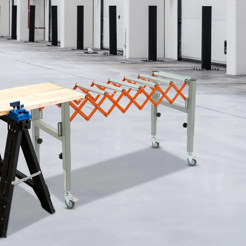 Super Flex Adjustable Telescopic Conveyor Roller Table With Integrated Scale Display And Secure Hooks For Moving Heavy Loads From 18 To 51 Inches Long And 17 Wide in workshop setting.