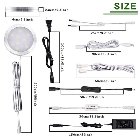 LED Under Counter Lighting Kit For Curio Cabinets And Displays, 12 Ultra Slim Puck Lights dimensions and wiring cables shown