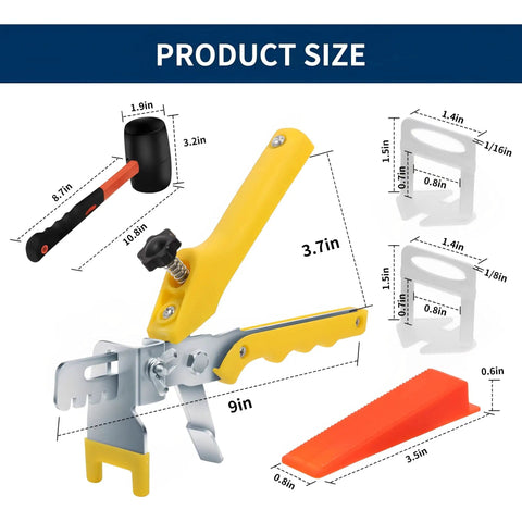 Tile Leveling System Kit With 1000 Spacers And 400 Reusable Wedges A Tile Plier And Rubber Mallet For Clean Breaks Perfect For Tile And Stone Installations One Eighth Inch 4 In 1 Pro Leveling Setup, showing tools with measurements.