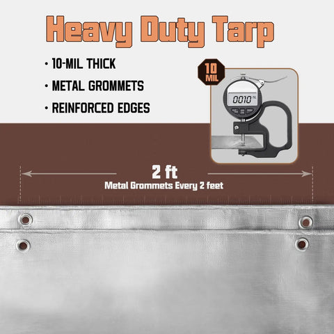 Heavy Duty 8x10 Ft Tarp Waterproof 10 Mil Thick Reversible Silver And Brown Outdoor Cover detail with metal grommets