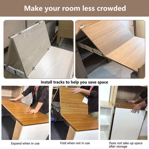 Collapsible desks with telescopic drawer slide rail for space-saving, shown in folding and extending positions.