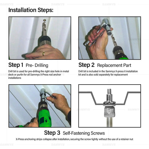 Installation steps for Three Eighths Inch Screw Swivel Expandable Thread Rod Anchor For Pipe Hangers Install Vertical Up To 45 Degrees.