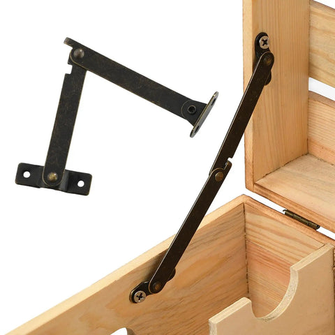 2 Pack Foldable Lid Support Hinges for Cabinets and Chests, antique bronze metal brackets installed in wooden box