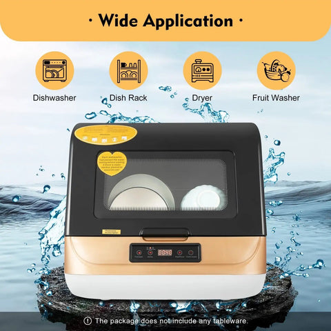 Portable Countertop Dishwasher Featuring 3 In One Wash Modes And 24 Hour Timer with open door showing dishes, compact size design.