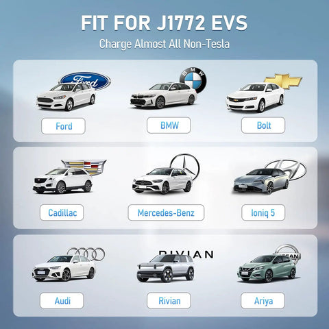 Image showing various EVs like Ford, BMW, and Rivian, compatible with Plug And Go J1772 To Tesla Adapter Charges 80 Amp 240 Volt.