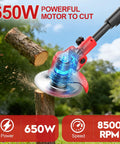 Cordless Weed Wacker With Wheels Electric Trimmer cutting wood, showing 650W motor power and 8500 RPM speed capabilities.