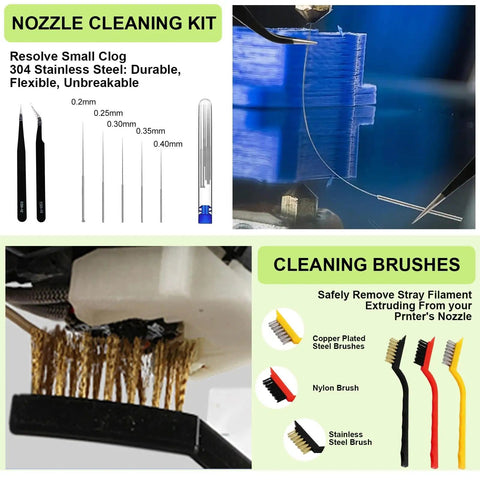 Ultimate 176 Piece Pro Grade 3D Printing Tool Kit with nozzle cleaning kit and cleaning brushes shown in use
