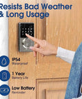 Knock Fumbling Keys To The Pavement With This Rock Solid Smart Lock Featuring An Illuminated Touchscreen Keypad App Control Keyless Entry Electronic Deadbolt Made For Front Doors in use on a wooden door, showing its waterproof feature.