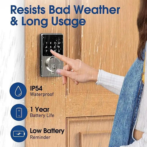 First Class Keyless Entry Smart Lock With Backlit Touchscreen Keypad And Lightning Fast Mobile App Access Heavy Duty Electronic Deadbolt installation example under rain