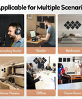 Heavy Duty Peel And Stick Soundproof Foam Acoustic Wall Panels in recording studio, office, game room, and home theater settings.