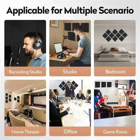 Heavy Duty Peel And Stick Soundproof Foam Acoustic Wall Panels in recording studio, office, game room, and home theater settings.