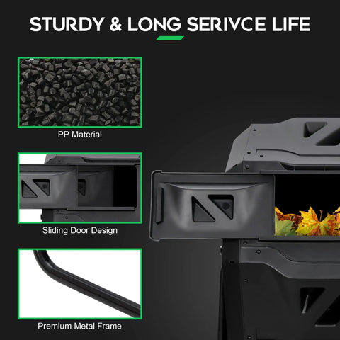 Sliding door and PP material of Large 43 Gallon Dual Chamber Compost Bin With Rotating Tumbler For Outdoor Use And Sliding Doors