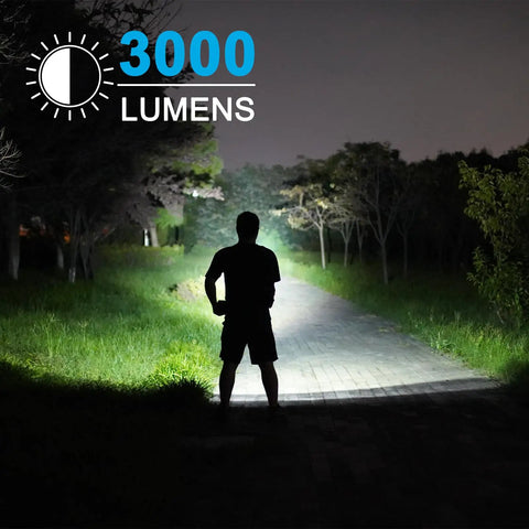 Man using Rechargeable Spotlight 3000 Lumen LED Flashlight Waterproof Submersible Searchlight on a dark forest path