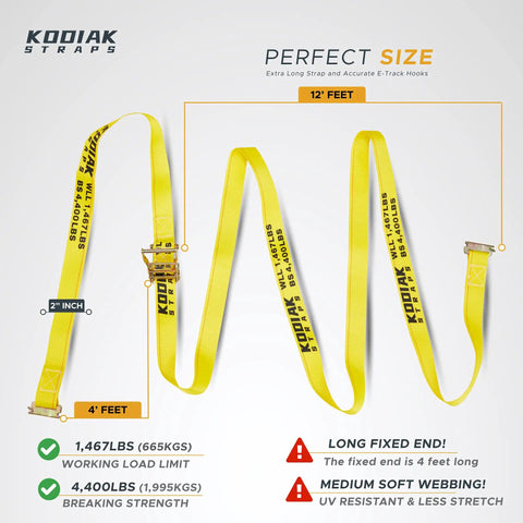 Diagram showing a 6 Pack E Track Ratchet Straps 2 Inch By 16 Foot 4400 Lbs Tie Down For Cargo In Enclosed Trailers Vans And Trucks.