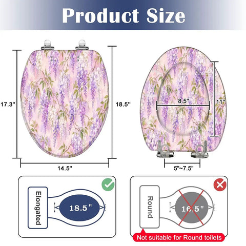 Elongated Wisteria Lilac Pretty Bright Floral Botanical Toilet Seat size chart showing dimensions 18.5 inches and shape details.