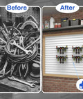Before and after image showing workbench cluttered with tools versus organized with Slatwall Power Tool Organizer 1 Pack With Four Drill Holders Heavy Duty Cordless Tool Rack Mount Holds Up To 40 Lbs Perfect For Garage And Workshop Everyday