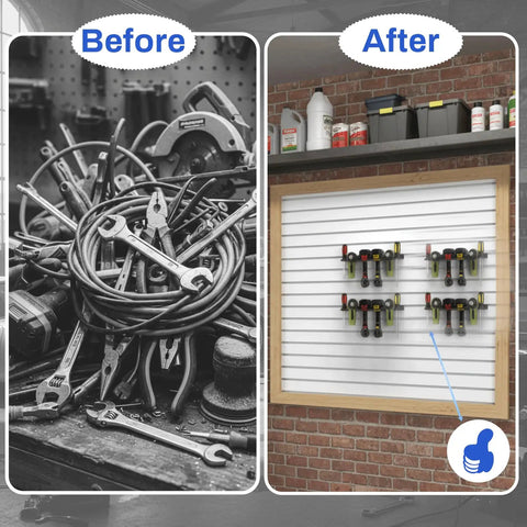 Before and after image showing workbench cluttered with tools versus organized with Slatwall Power Tool Organizer 1 Pack With Four Drill Holders Heavy Duty Cordless Tool Rack Mount Holds Up To 40 Lbs Perfect For Garage And Workshop Everyday