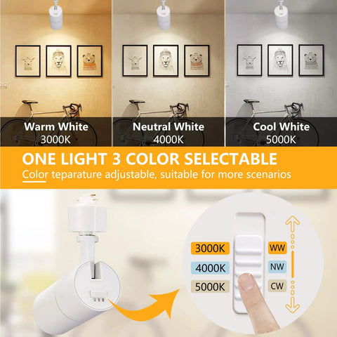 Three Color Adjustable 10W LED Track Lighting Heads Pack of 4 Dimmable 1000 Lumen Output 36 Degree Spotlight Beam 3000K 4000K 5000K Flicker Free CRI90 Plus Matte White Ceiling Fixtures showing color options and switch