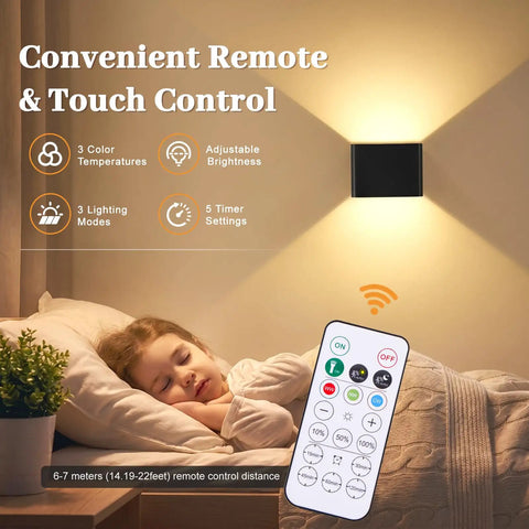Rechargeable Motion Sensor Wall Lights Black Battery Operated Sconce with remote control, adjustable brightness, and color temperature.
