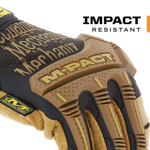 M-Pact Leather Gloves With Impact Protection For Tough Jobs Hands On Comfort And Protection showing close-up of knuckle detail.
