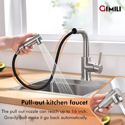 Pull Out Sprayer Bar Sink Faucet With Single Handle For Kitchen, Hot And Cold Water, Brushed Nickel Finish
