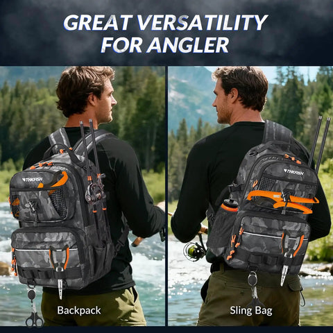 Fishing Backpack With Tackle Boxes 20L Waterproof Sling Bag Two Rod Holders Lures Kit Lip Gripper Pliers Scissors shown on man
