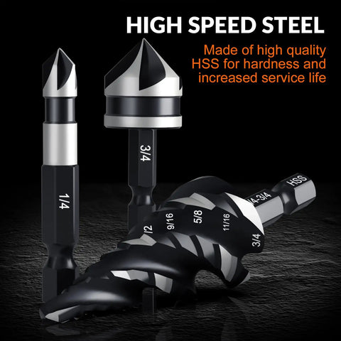 Pro Grade Step Drill Bit Set With Four Spiral Flutes And Countersink Bits In A Sturdy Tool Box For Metal Aluminum Wood And Plastic Featuring Nitrided HSS Bits By Thinkwork, close-up view showing high-speed steel construction and size markings.