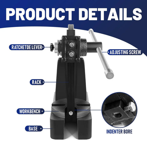 Close-up of Straight Fire 3 Ton Cast Iron Manual Arbor Press With Smooth Turning Hand Wheel showing ratchet lever and adjusting screw.