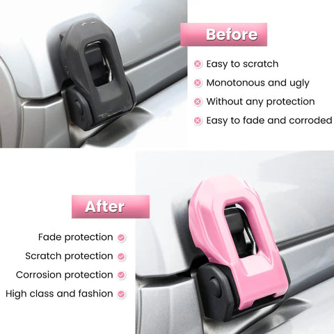 Before and after with Hood Latch Lock Bracket Covers Pink 2 Pack For 2018 2019 2020 2021 2022 2023 2024 Wrangler JL JLU Unlimited