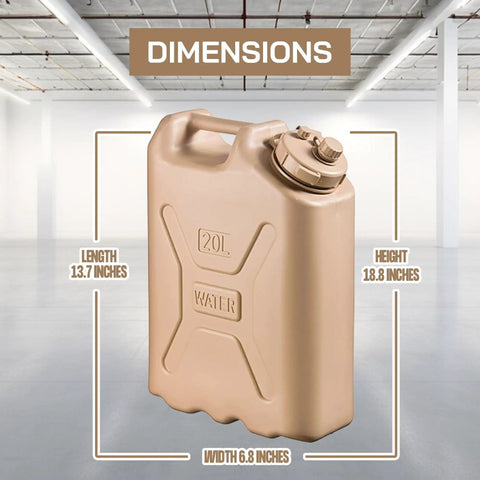 Portable 5 Gallon Military Style Water Jug For Camping And RVs Sand Colored Plastic Dimensions 13.7x6.8x18.8 inches