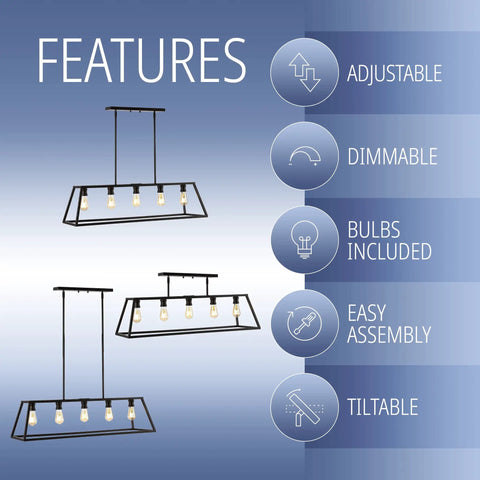 Features of Oil Rubbed Bronze 38 Inch 5-Light Farmhouse Linear Pendant For Kitchen Island showing adjustable, dimmable, bulbs included.