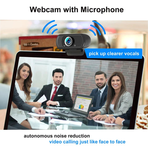 Kickass 1080P Full Hd Webcam With Built In Noise Reducing Microphone And Auto Light Correction For Dope Video Calls On Laptop Desktop Computer System Plug And Play Usb Interface displayed above a video call with a group.