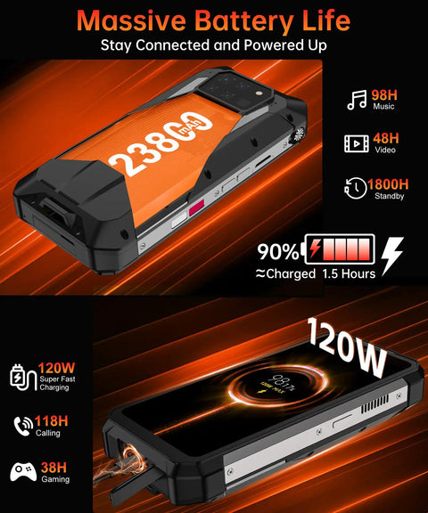 Badass Rugged Smartphone With 5G And Knockout 23800mAh Battery Running Android 15 showing charging features and battery stats.