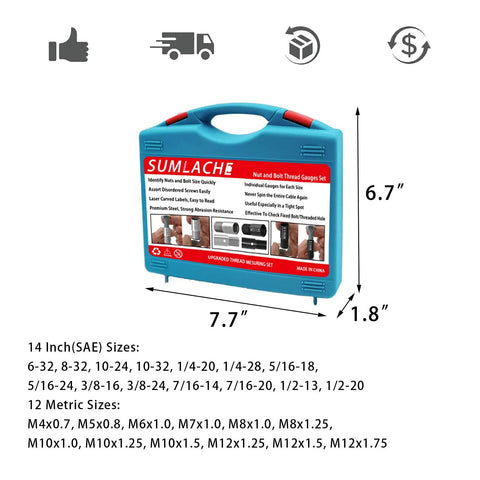 Nut And Bolt Thread Checker Set Inch And Metric in EVA Holder Inside Portable Waterproof PVC Case, dimensions shown next to case