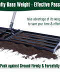 Heavy Duty 45 Inch Lawn Leveling Rake With 72 Inch Handle for soil smoothing, featuring hefty base in use on dirt.