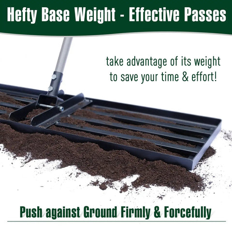 Heavy Duty 45 Inch Lawn Leveling Rake With 72 Inch Handle for soil smoothing, featuring hefty base in use on dirt.