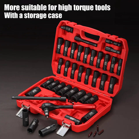 Open red storage case showing Half Inch Drive Master Impact Hex Driver Set 20 Piece SAE And Metric Socket Kit with CR MO Steel Sockets.