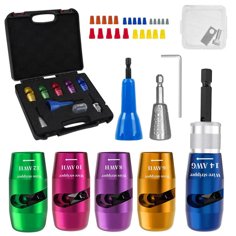 Drill Powered Wire Stripper And Twister Kit For 6 To 14 AWG 2024 Upgrade with wire strippers, blades, rod, wrench, and case.