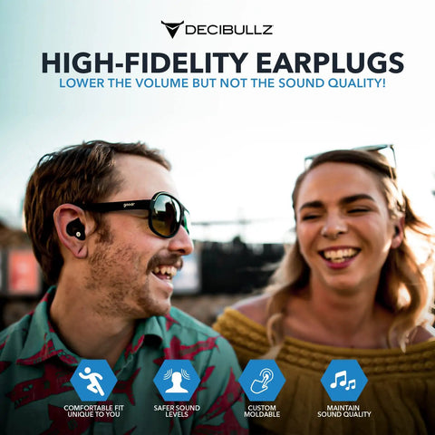 Happy couple wearing Custom Moldable Ear Plugs For Live Gigs And Festivals High Fidelity Hearing Protection enjoying outdoors